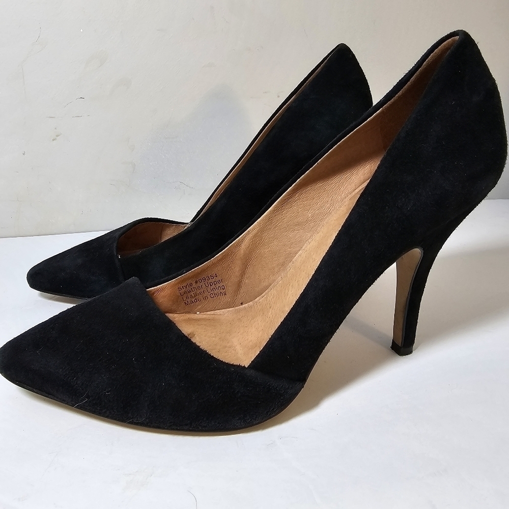Madewell Mira Black Suede Leather Asymetrical Cut Stiletto Heels, sz 7.5